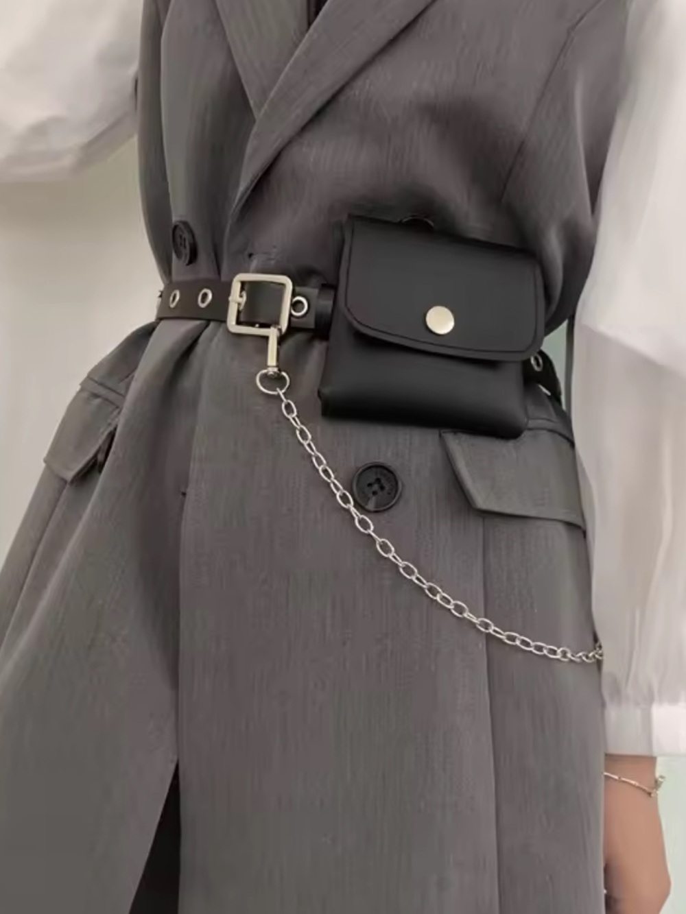 Leather Belt Bag with Chain - Black Mini Bag - Picture 10 of 10